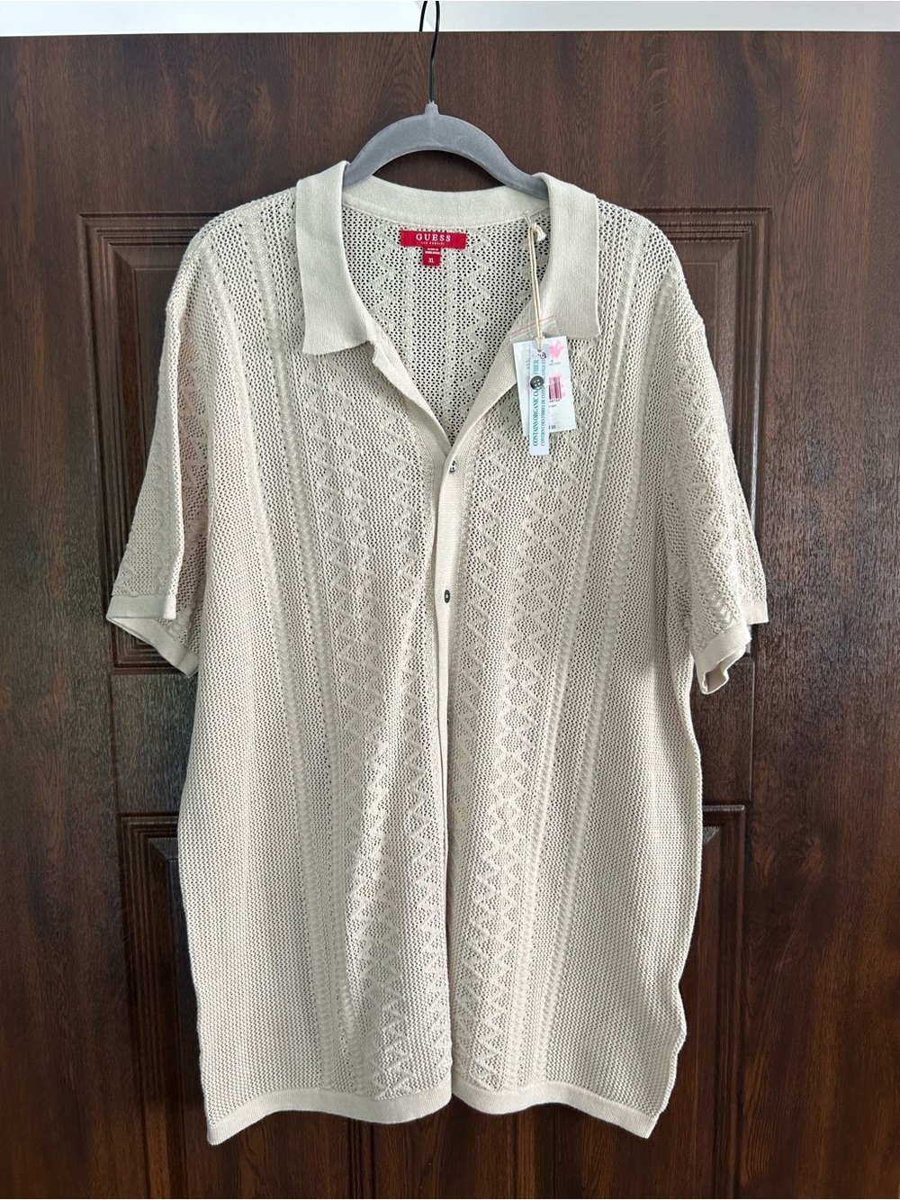 Guess Men’s Cream Open-Knit Short Sleeve Polo